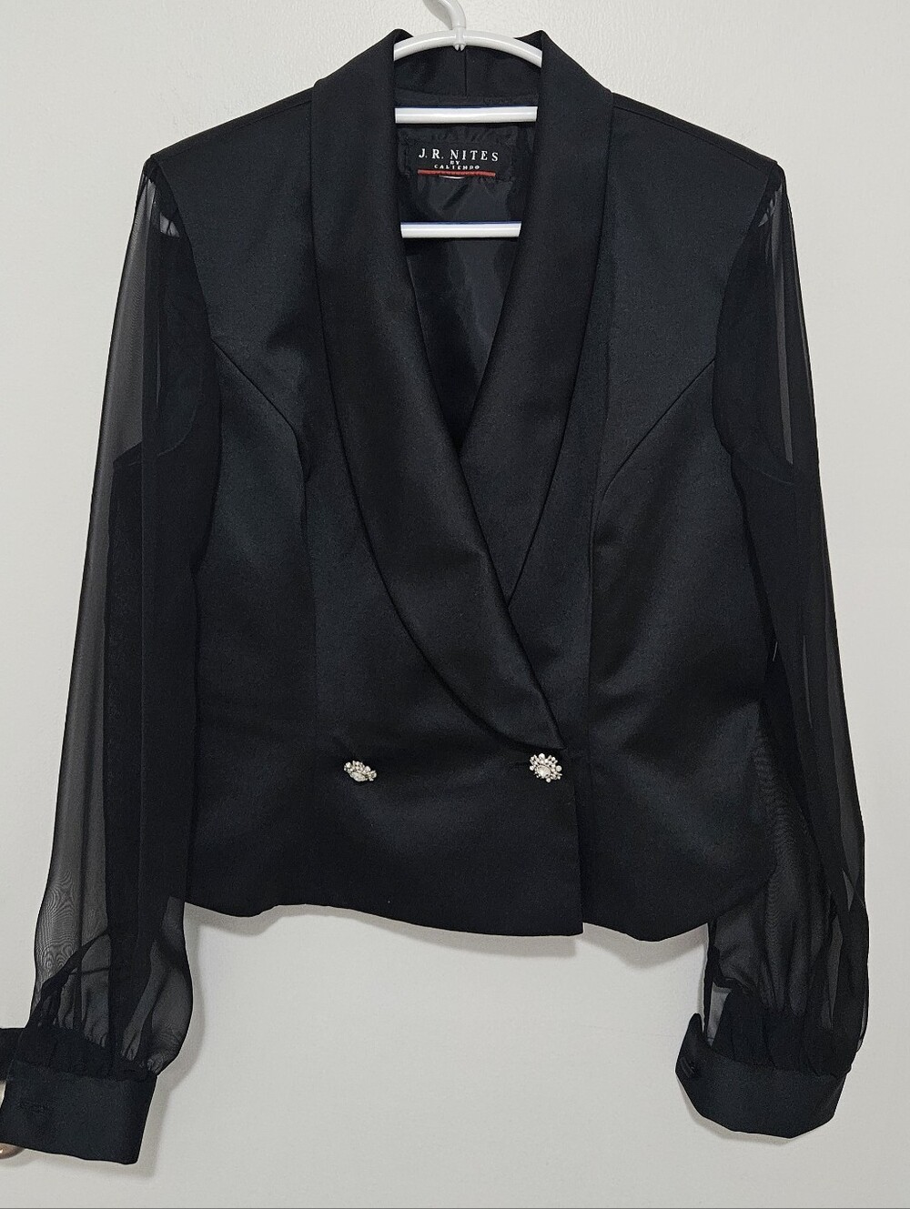 J.R. Nites By Caliendo Black Satin Blazer with Sheer Sleeves